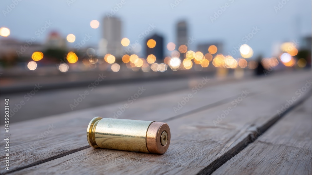 Aufkleber metallic bullet rests on a wooden surface with vibrant city lights creating a colorful bokeh effect 