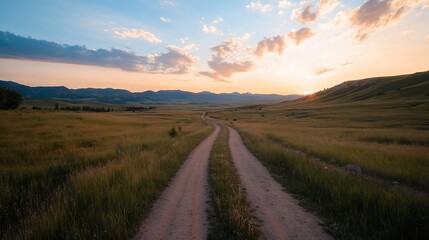 Serene sunset over vast grassland landscape, a dirt road winds towards distant mountains under a pastel sky, evoking tranquility and adventure. : Generative AI