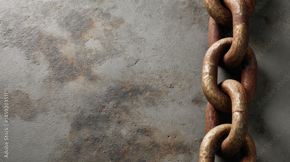 Poster Tangled metal chains lie on wet concrete, displaying rich textures and corrosion. The low angle highlights the intricate details of the oxidized surfaces