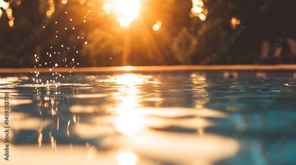 Aufkleber golden sunset light reflecting on a swimming pool's surface, water droplets creating ripples and shi