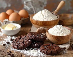 whole eggs and cracked eggs in a bowl, flour in a bowl, butter in a bowl, milk and baking utens on wood table