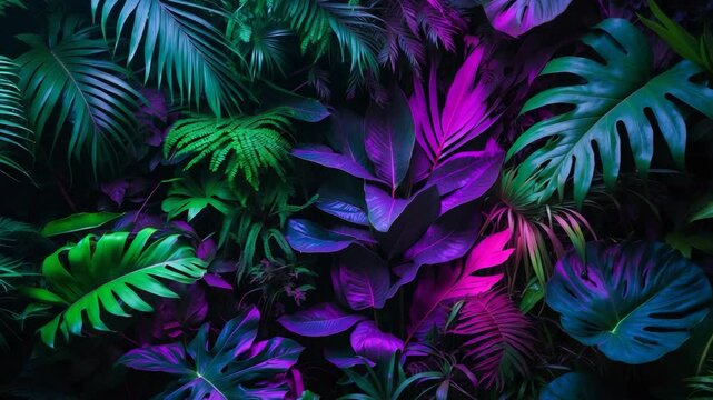 Vibrant fluorescent color display showcasing leaves. Top view with neon shades. Nature-inspired theme.