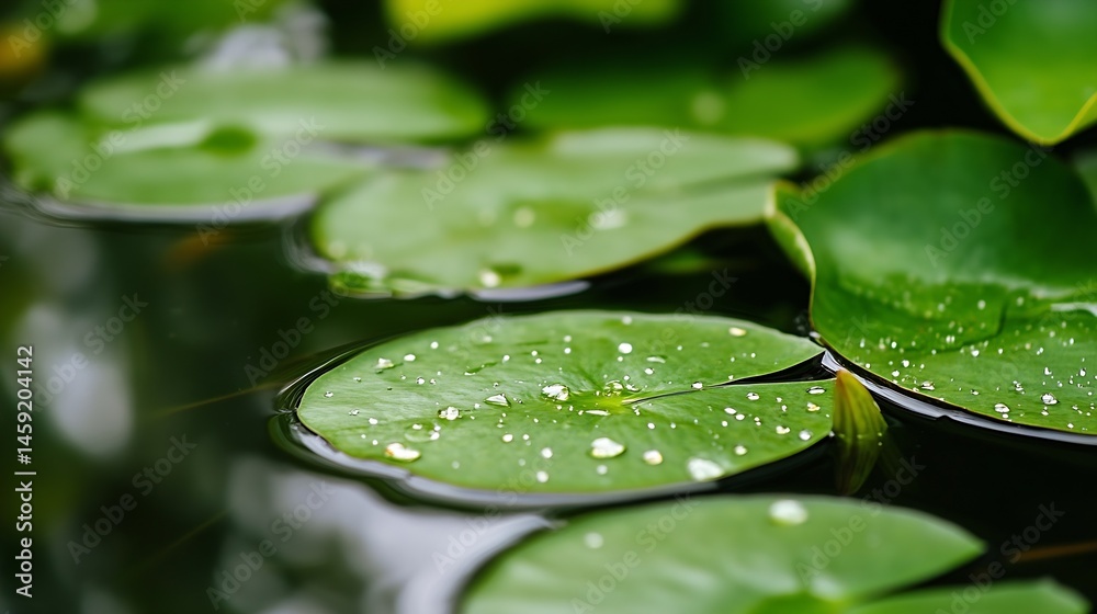 Aufkleber close-up view of several vibrant green lily pads floating on dark water, adorned with glistening wat