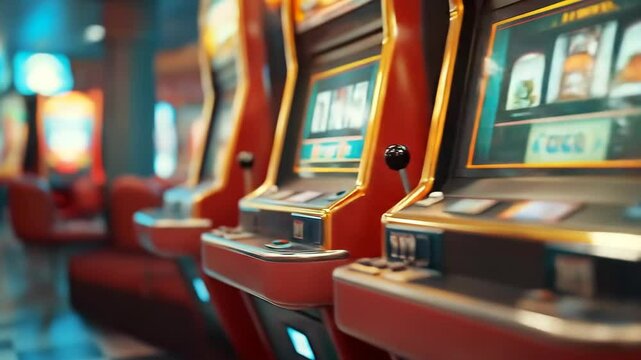 Row of vintage slot machines in a brightly lit casino, ready for players to try their luck and win big.
