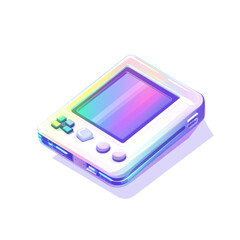 Retro handheld game console pastel colors vibrant screen isometric view
