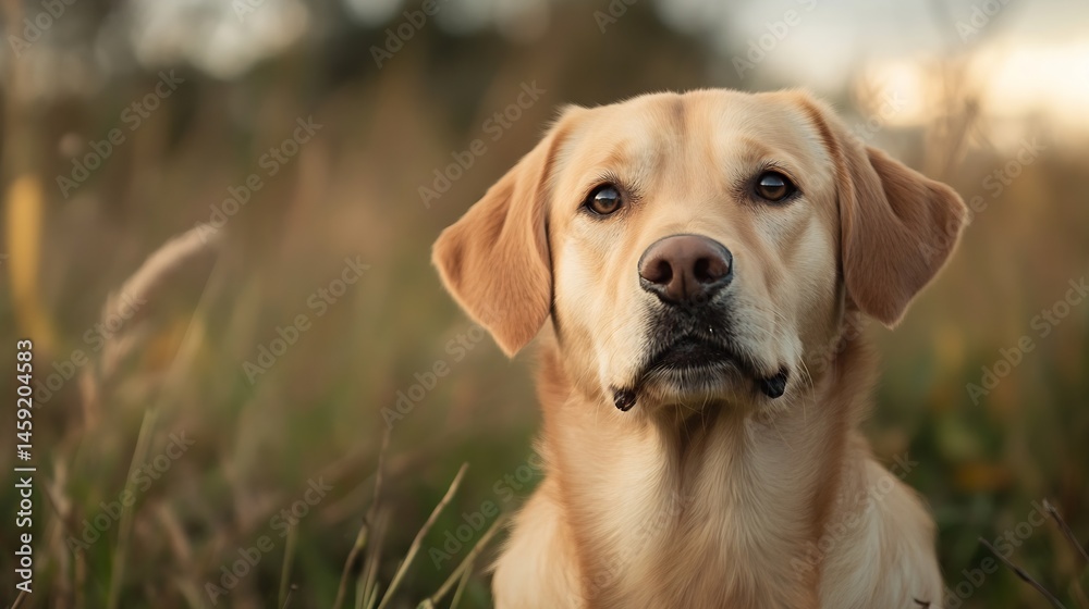Poster a golden retriever dog sits attentively in a field of tall grass, bathed in the warm light of the se