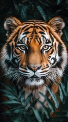 Fototapeta premium Majestic tiger peering from lush foliage, intense gaze