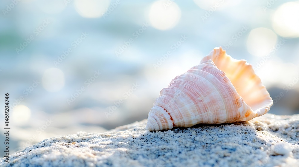 Poster seashell on sandy beach, sunlit, ocean bokeh background. a delicate pink and white spiral shell rest