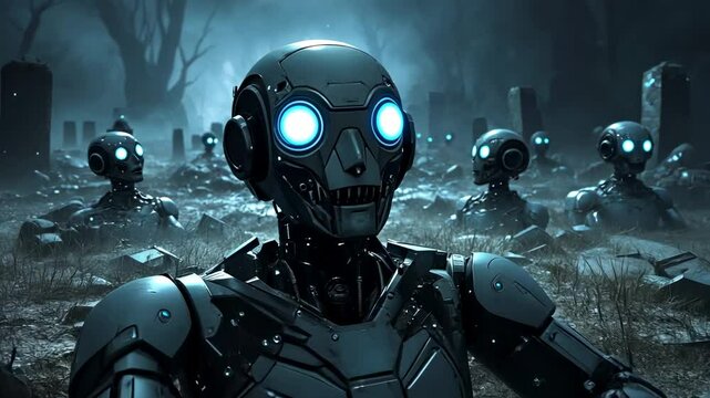 ominous gathering of robotic figures amidst weathered stones under a somber sky