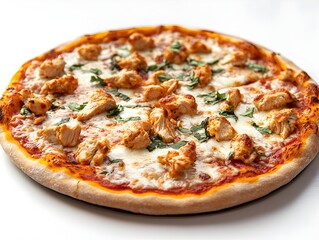 A delicious whole chicken pizza with melted mozzarella cheese and fresh basil is ready to eat.