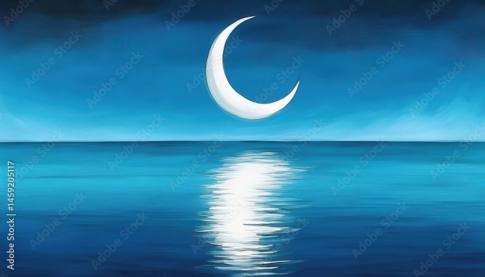 Poster crescent moon floating over tranquil ocean with blue night sky reflection for ramadan web design, sp