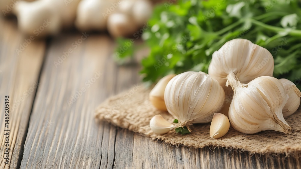 Poster close-up view of three garlic bulbs and several cloves on rustic wooden table with fresh parsley spr