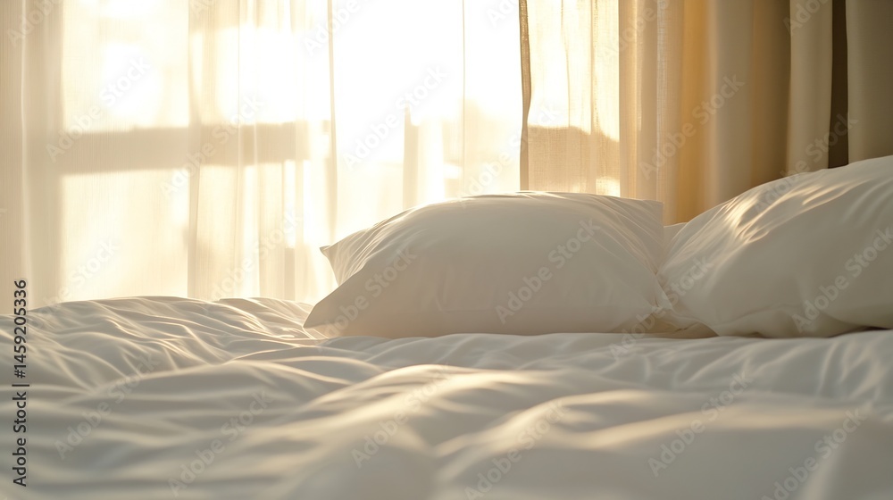 Aufkleber Soft morning sunlight illuminates a neatly made bed with white sheets and pillows, creating a serene and peaceful atmosphere in a bedroom. : Generative AI