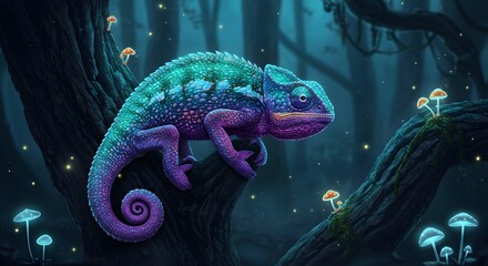 Fantasy chameleon with glowing scales clings to ancient tree in bioluminescent forest