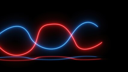 Abstract neon light waves in vibrant red and blue against a dark black background forming unique and dynamic shapes suitable for digital and technological projects