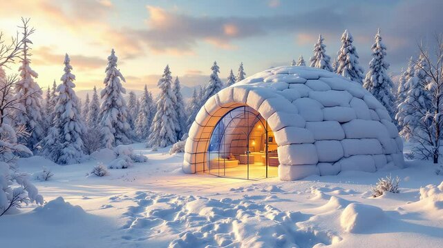 dream igloo retreat with glass entrance amid snowy evergreens in a winter wonderland