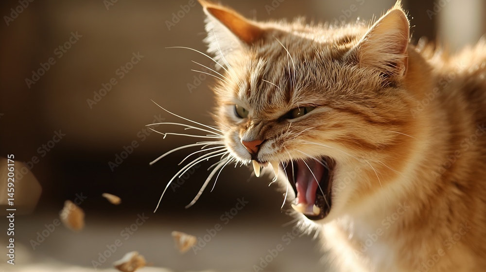 Poster close-up of an angry ginger cat with its mouth open, showing teeth and pink tongue, backlit by sunli