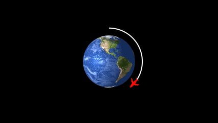 Airplane flying around planet earth depicting worldwide travel and global transportation with a modern minimalist aesthetic