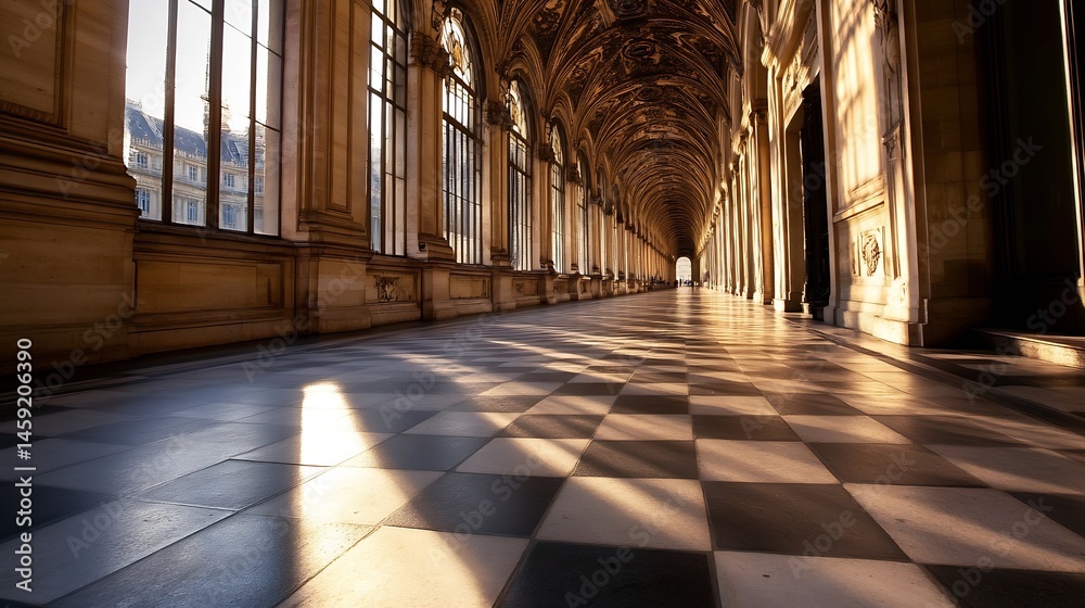 Aufkleber Sunlit checkered floor of a grand, historical arcade with tall windows offering a view of a classic building. : Generative AI