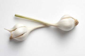 Two whole garlic bulbs, light white color, stems attached,  isolated on white background