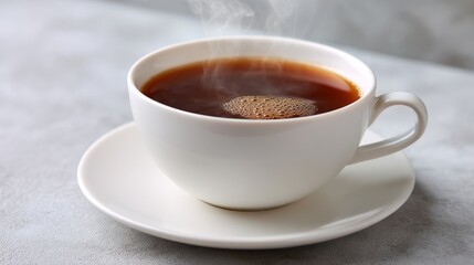 A white ceramic cup is filled with dark brewed coffee, releasing gentle steam. The composition allows for copy space on the right for creative use