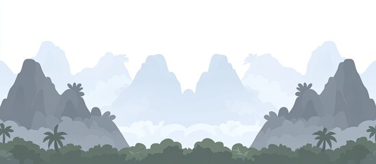 Misty mountain range with lush jungle foliage