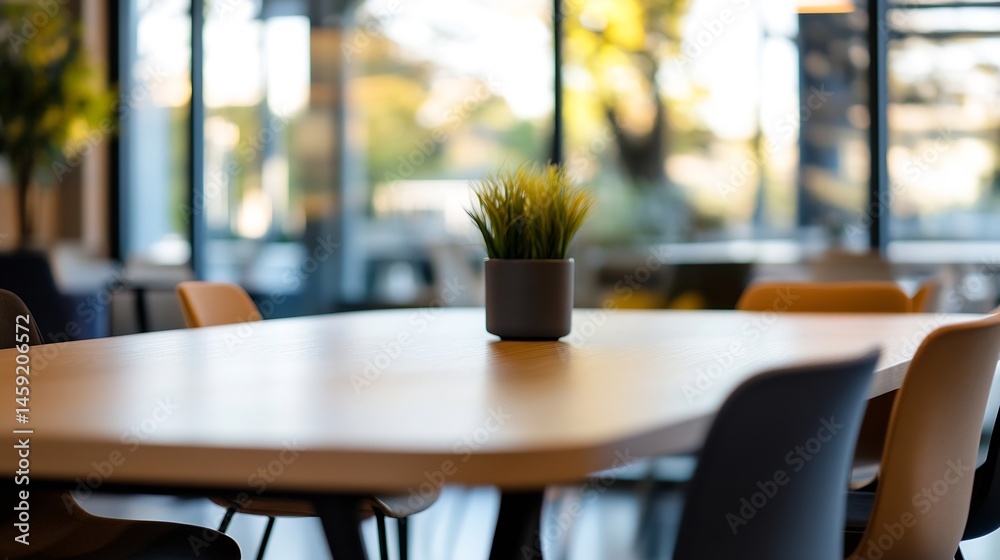 Poster modern office meeting table with chairs and a small potted plant, situated near a large window with 
