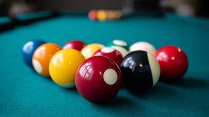 Colorful billiard balls form a neat triangle on a teal felt table, bathed in warm light, setting a playful mood for game night