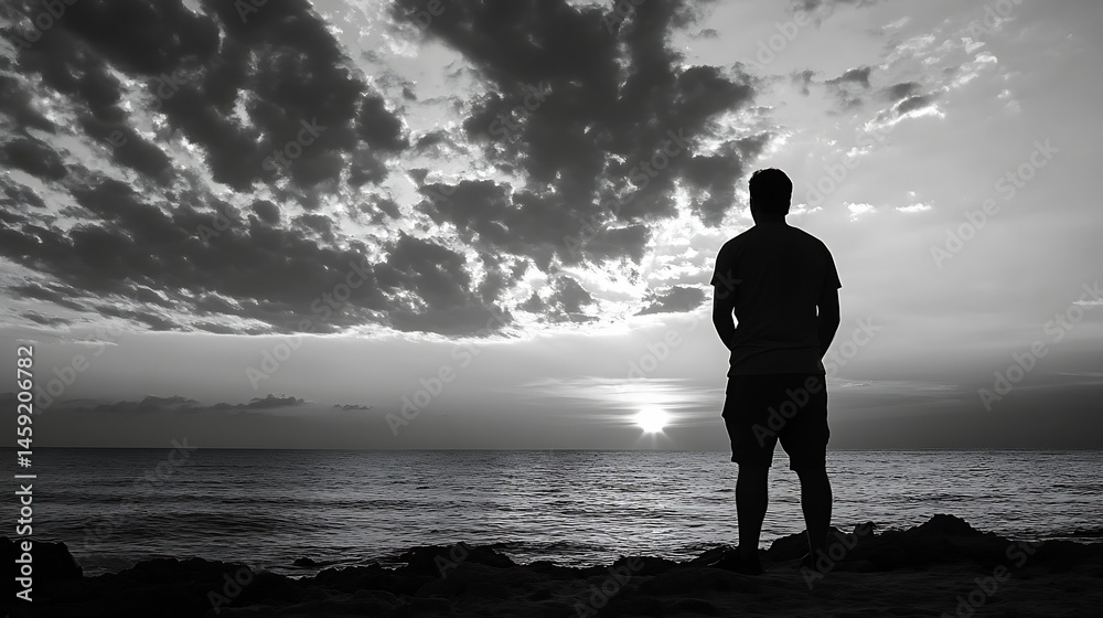 Poster silhouette of a man standing on a rocky shore, gazing at a dramatic sunset over a calm ocean, under 