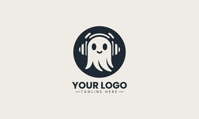 Obraz premium Vector logo of simple cartoon ghost with headphones in playful minimalist illustration style