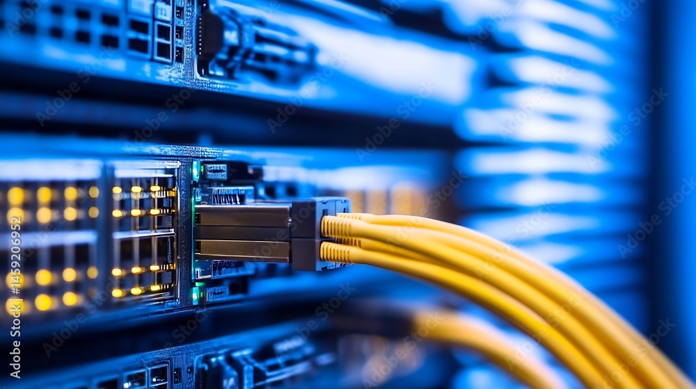 Aufkleber Close-up of fiber optic cables connecting to a network switch in a server rack, showcasing the intricate details of data transfer technology. : Generative AI