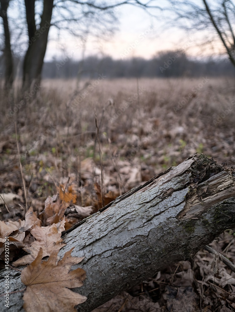 Fototapete close-up view of a weathered gray tree trunk lying on the ground, surrounded by fallen brown autumn 