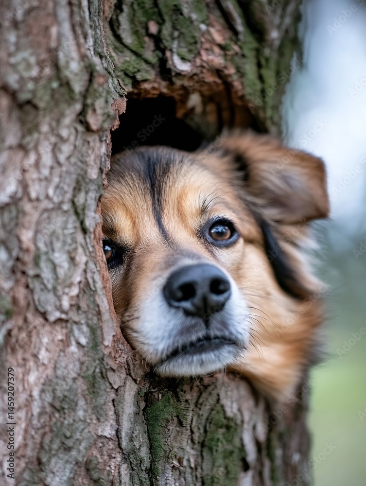 Poster a curious, tan and brown dog peeks from a hole in a tree trunk, its expressive eyes and soft fur vis