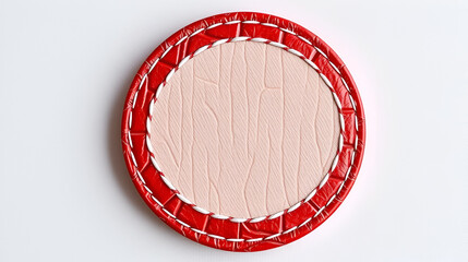 Red and white stitched circle shape on mock croc