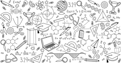 Science formulas drawn on the blackboard, physics, chemistry, geometry, biology, algebra. Back to school. Background with drawn scientific and school equipment on the theme of education. 