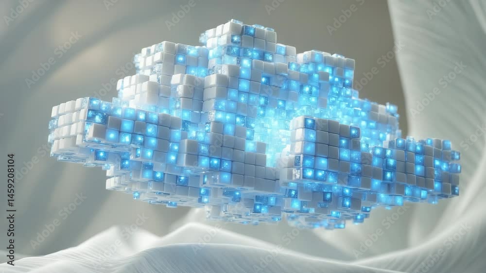 Poster a ai render showing a flying cloud built from cubes containing data, set against a light background