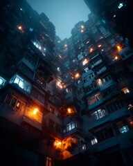 Fototapeta premium Hong Kong style apartment with lights on, from a low-angle perspective, cinematic tone.