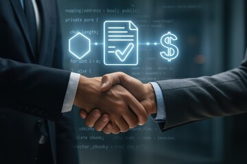 Two men seal a smart contract with handshake and floating code. AI-generated