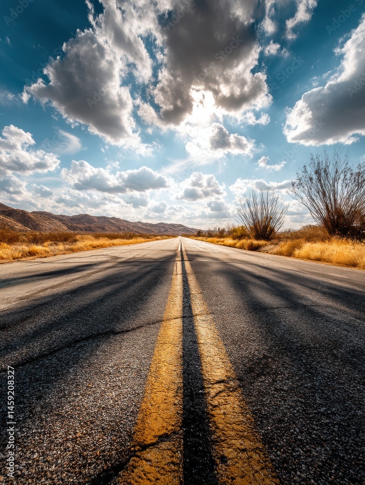 Poster wide desert road leading to distant mountains beneath a dramatic sky filled with clouds at midday ge