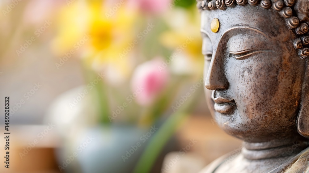 Poster close-up view of a serene bronze buddha statue, adorned with a yellow gemstone, gently blurred flowe