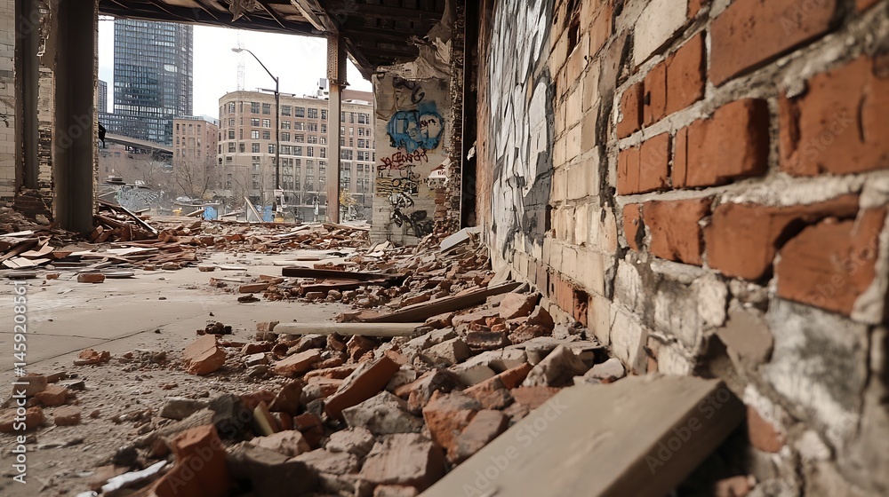 Poster demolition debris and rubble inside a ruined building, showing exposed brick walls and graffiti, wit