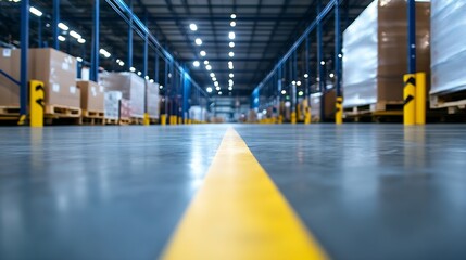 A yellow line stretches down the center of a large warehouse floor, with rows of stacked boxes and blue metal racking visible in the background, creating a sense of industrial depth an : Generative AI