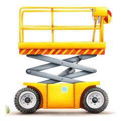 Naklejka premium Colorful watercolor illustration of a children's book construction scene featuring a bright yellow scissor lift on wheels for creative design projects