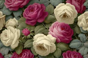 Close-up of pink and beige roses with textured petals and green leaves, creating a lush floral arrangement, showcasing elegance and romanticism, ideal for design or decor