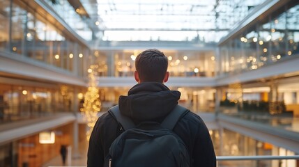 A man with a backpack stands in a modern, bright shopping mall, looking out at the atrium's architecture and festive lights. : Generative AI
