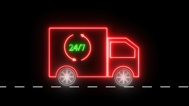 Neon style delivery truck icon representing 24/7 worldwide services for ecommerce businesses logistics and transportation concepts on a black background