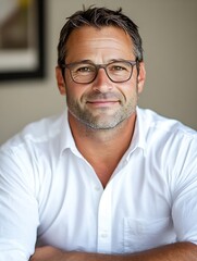Obraz premium Portrait of a smiling man wearing glasses and a white shirt, arms crossed, conveying confidence and professionalism. : Generative AI