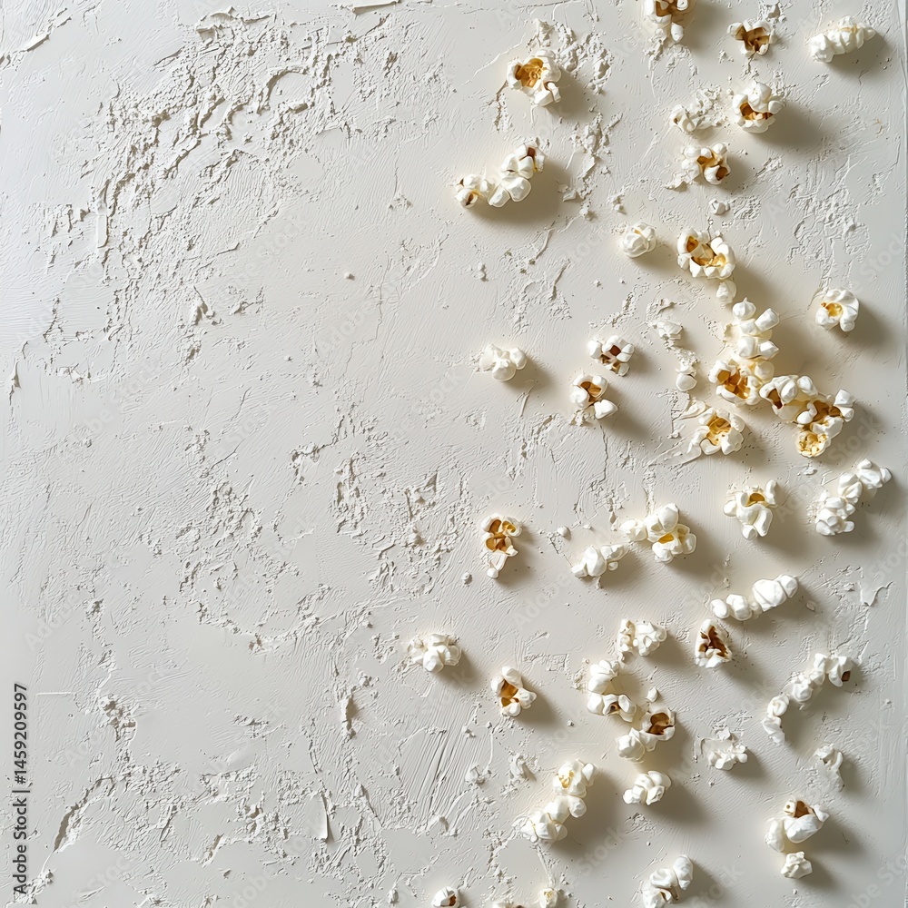 Aufkleber Popcorn mosaic on textured white surface.  Scattered kernels create a unique, abstract, and textured art piece.