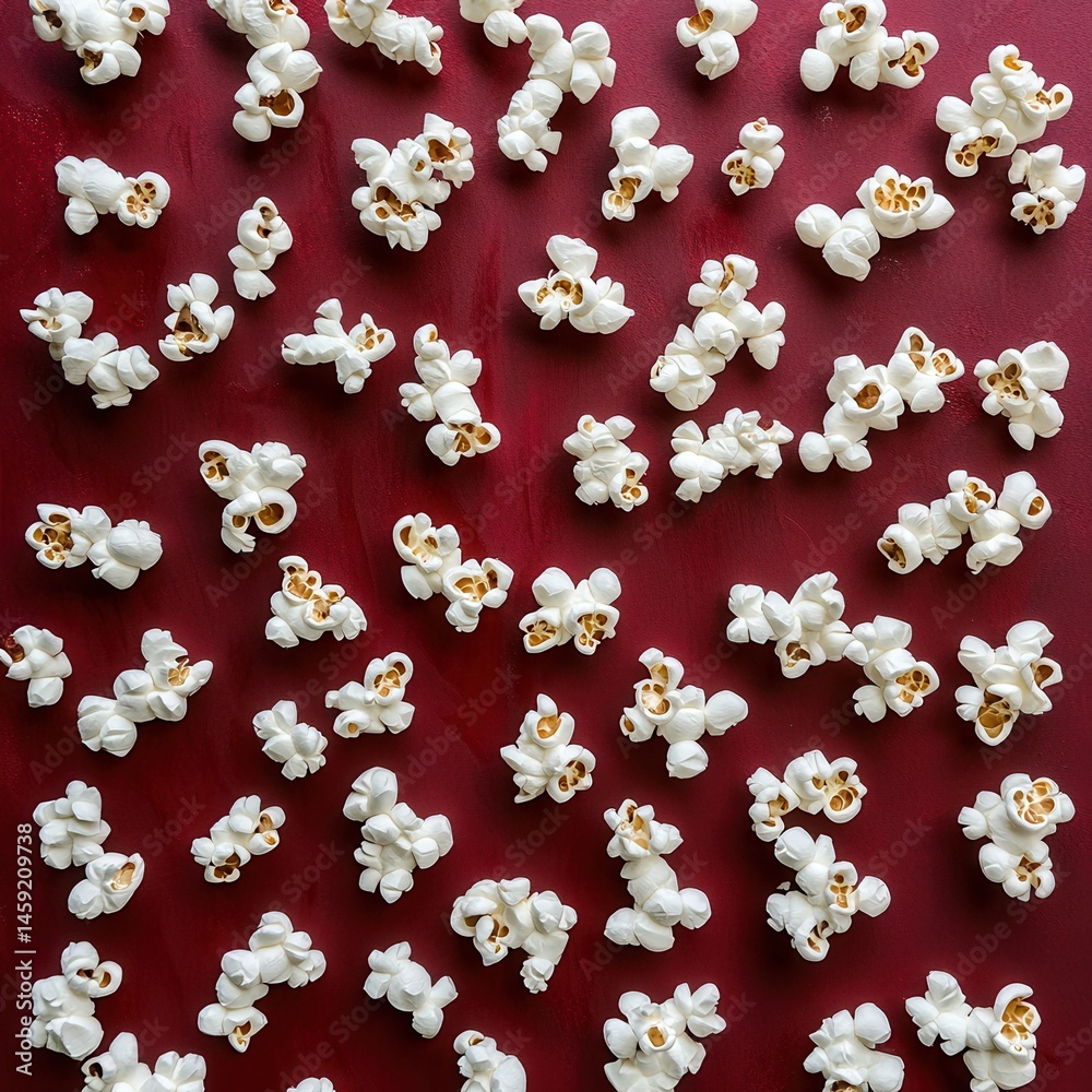 Poster Overhead view of freshly popped kernels spread out on a dark red surface, creating a visually engaging and playful scene.