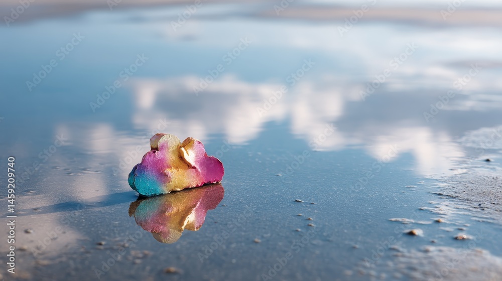 Poster a close-up view captures a neon-lit cloud icon reflecting on a glossy wet surface, featuring vibrant